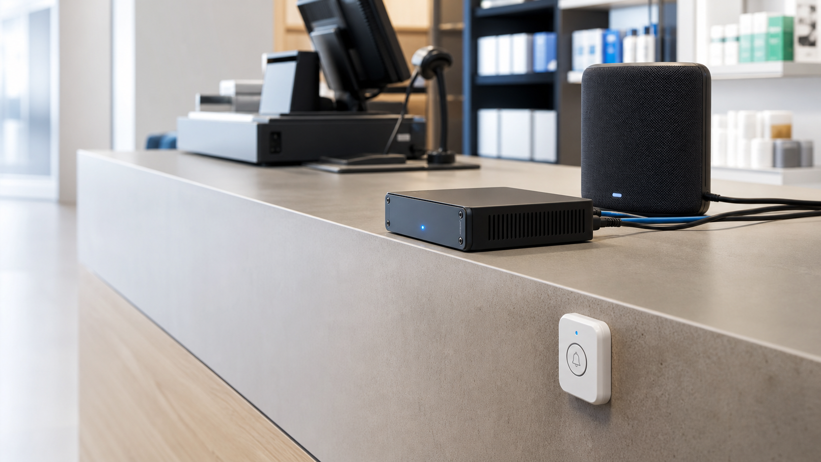 ServiceAlert appliance, speaker and service button installed at a counter